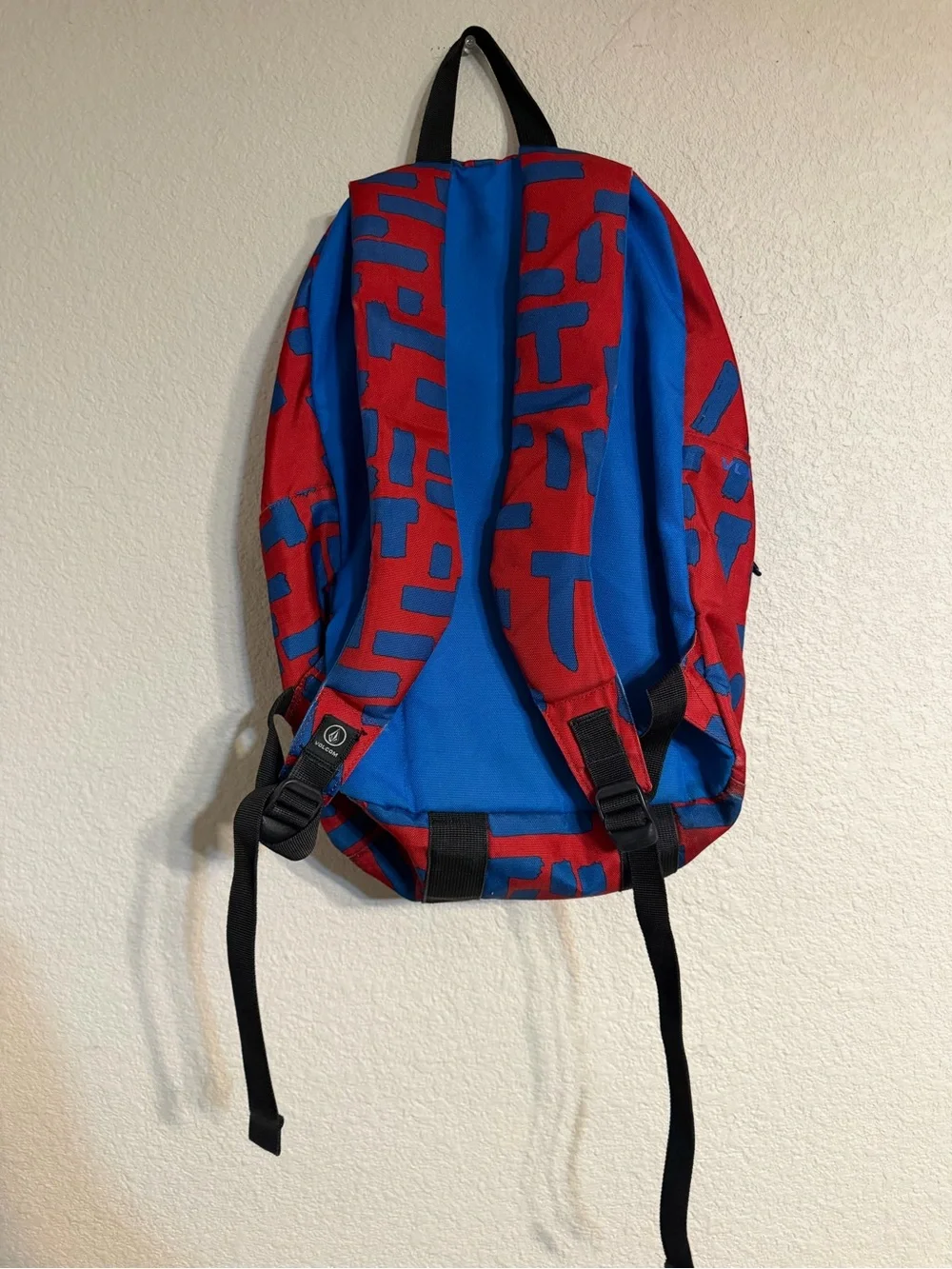 Volcom Red Backpack with Blue Geometric Print